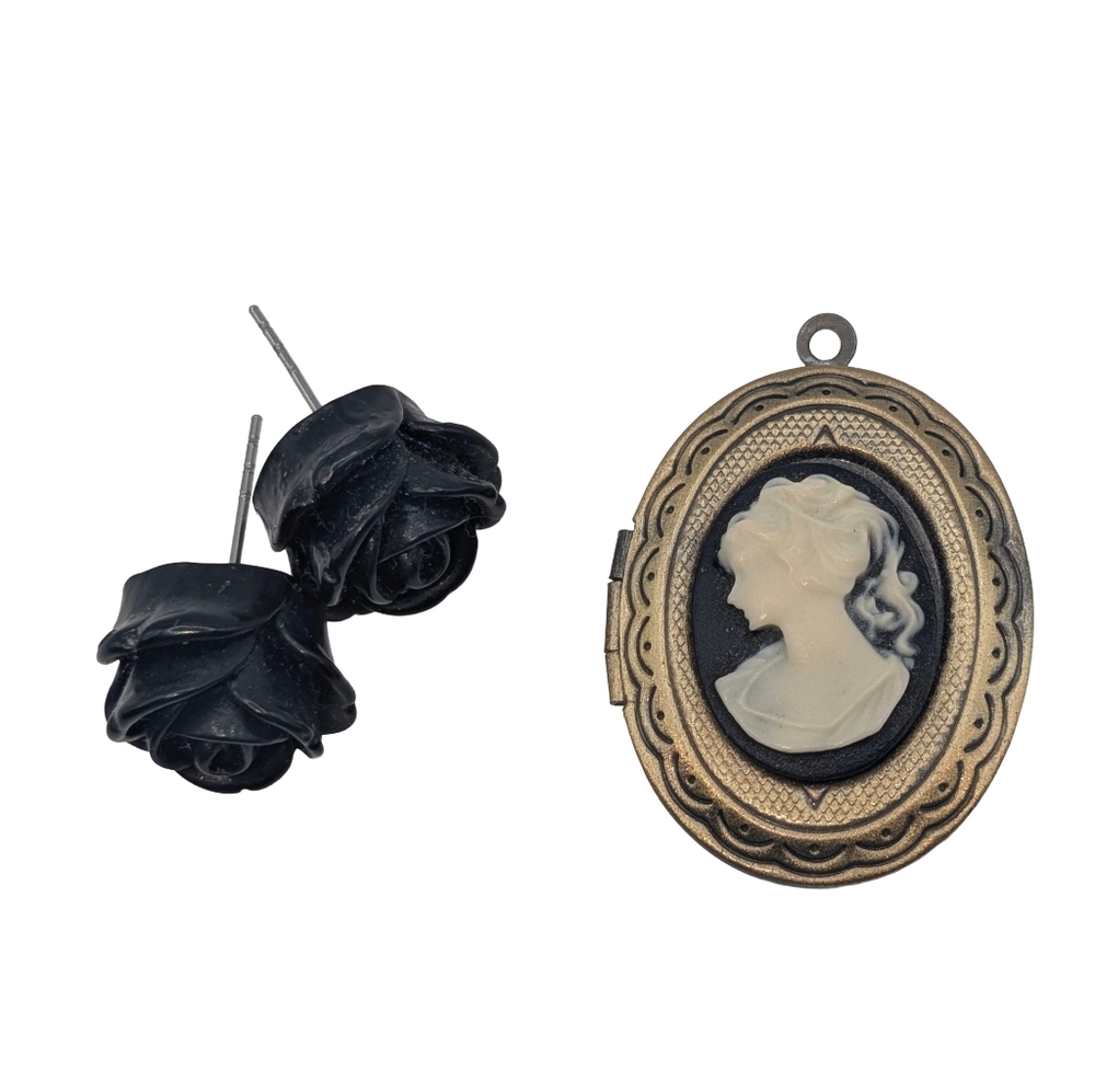Vintage Style Cameo Locket Pendant Gold Tone + Black Rose Stud Earrings